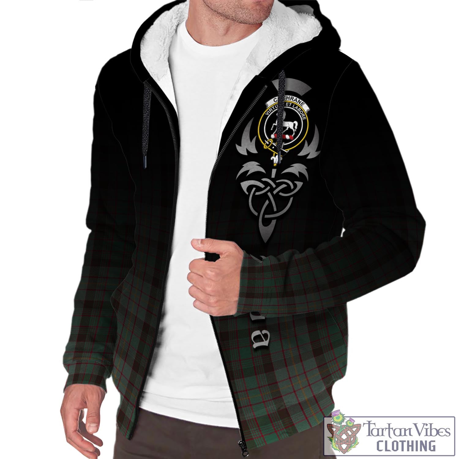 Tartan Vibes Clothing Cochrane Hunting Tartan Sherpa Hoodie Featuring Alba Gu Brath Family Crest Celtic Inspired