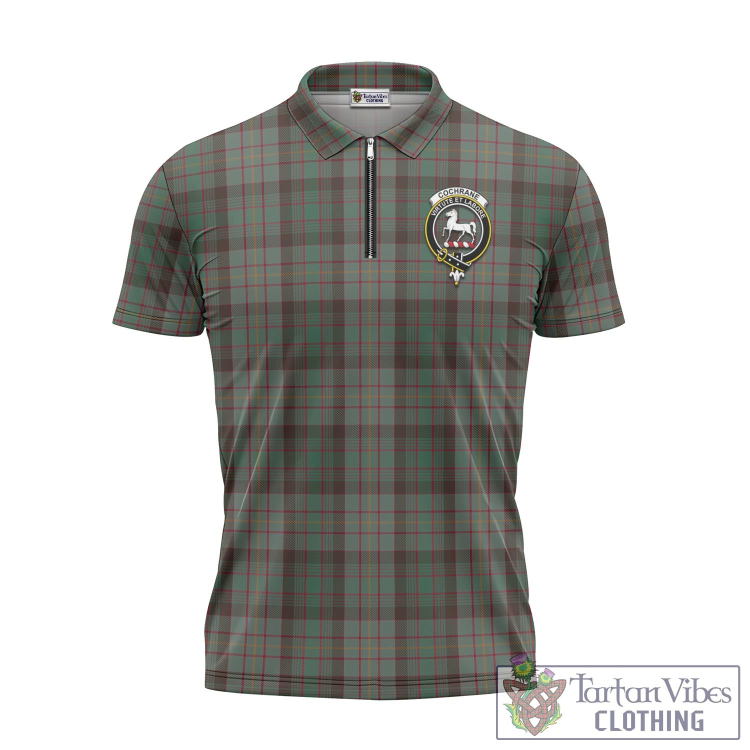 Tartan Vibes Clothing Cochrane Hunting Tartan Zipper Polo Shirt with Family Crest