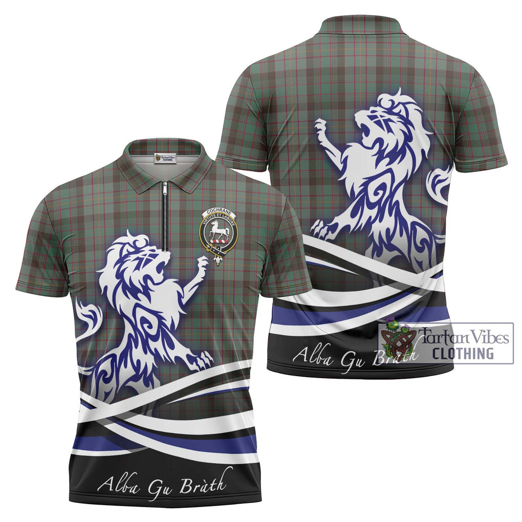 Cochrane Hunting Tartan Zipper Polo Shirt with Alba Gu Brath Regal Lion Emblem Unisex - Tartanvibesclothing Shop