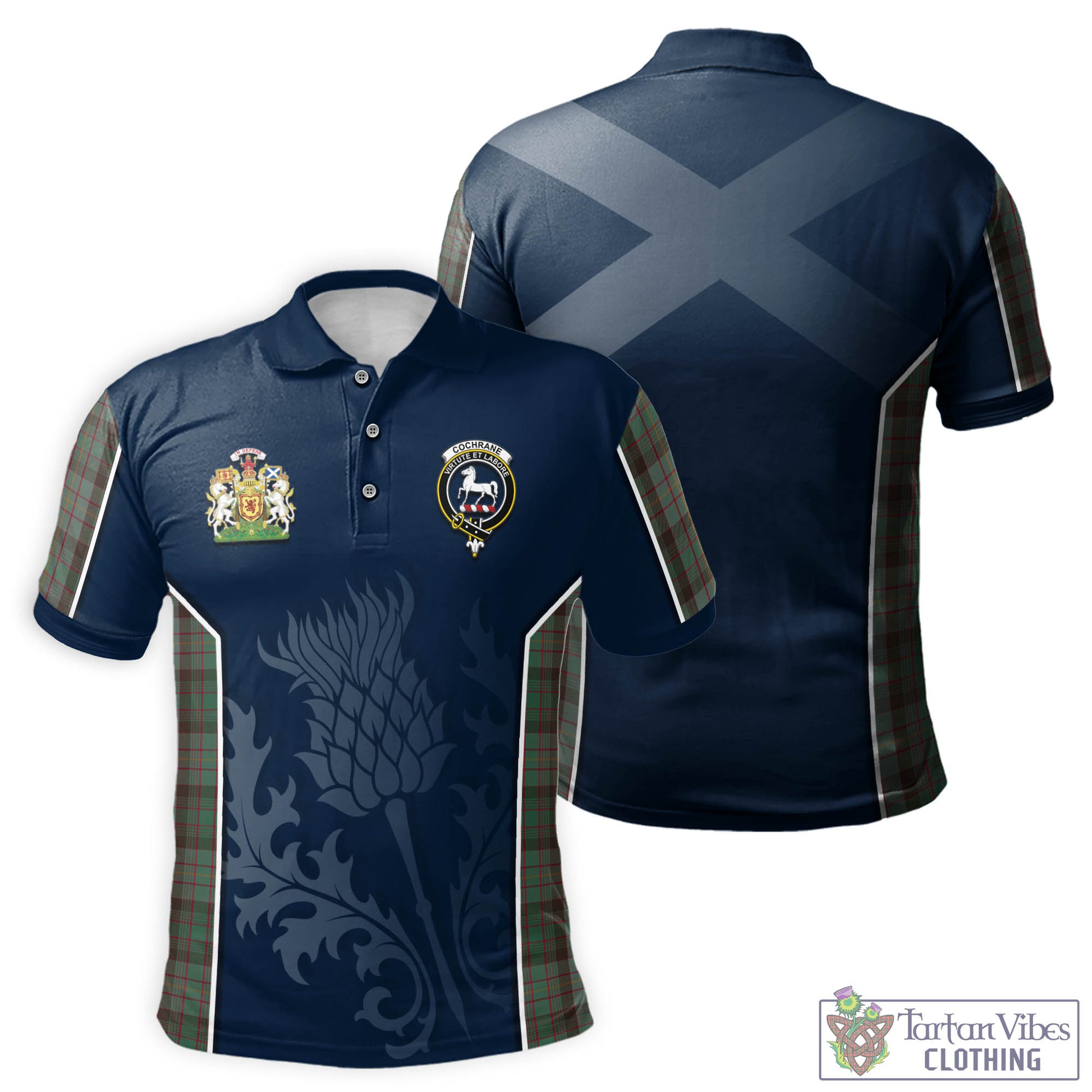 Tartan Vibes Clothing Cochrane Hunting Tartan Men's Polo Shirt with Family Crest and Scottish Thistle Vibes Sport Style