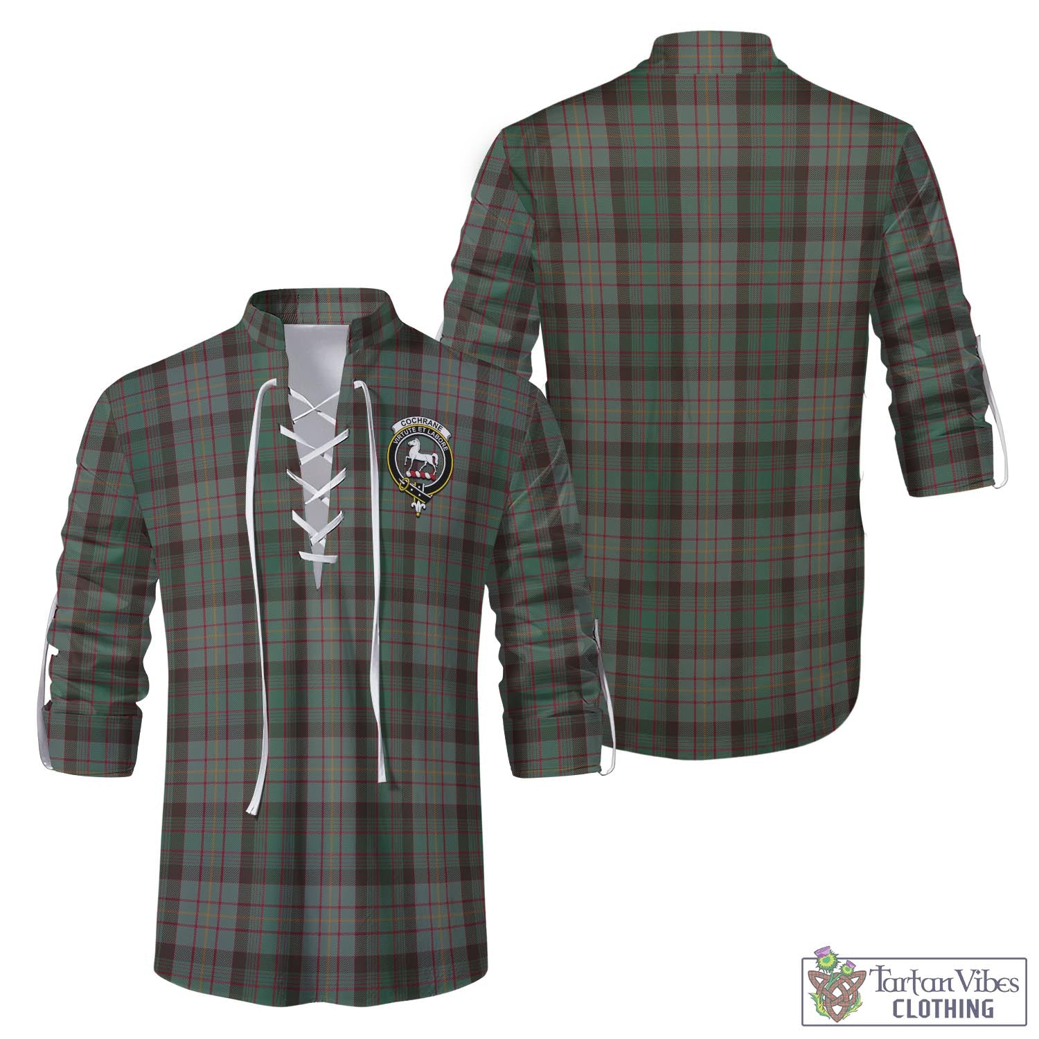 Tartan Vibes Clothing Cochrane Hunting Tartan Men's Scottish Traditional Jacobite Ghillie Kilt Shirt with Family Crest