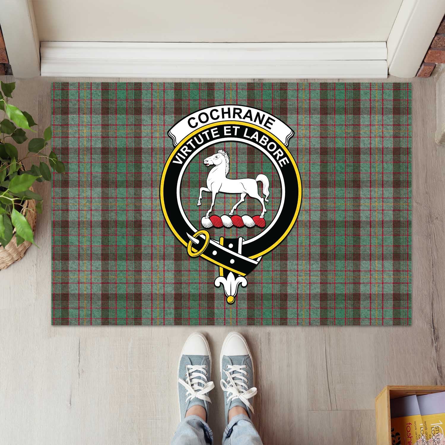 Cochrane Hunting Tartan Door Mat with Family Crest - Tartanvibesclothing