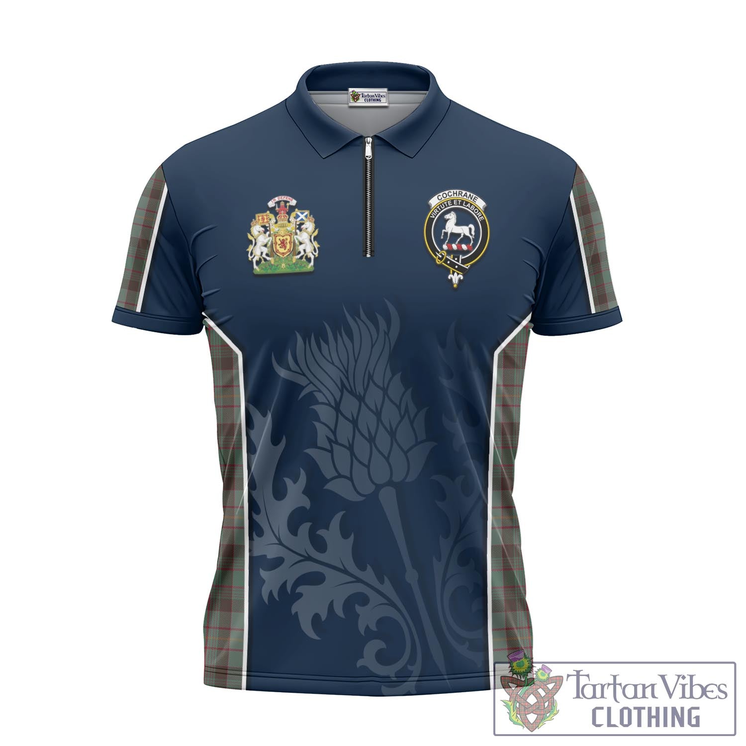 Tartan Vibes Clothing Cochrane Hunting Tartan Zipper Polo Shirt with Family Crest and Scottish Thistle Vibes Sport Style