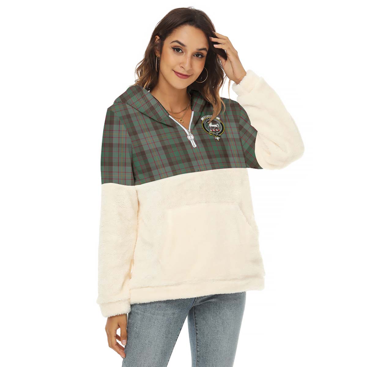 Cochrane Hunting Tartan Women's Borg Fleece Hoodie With Half Zip with Family Crest Female - Tartan Vibes Clothing