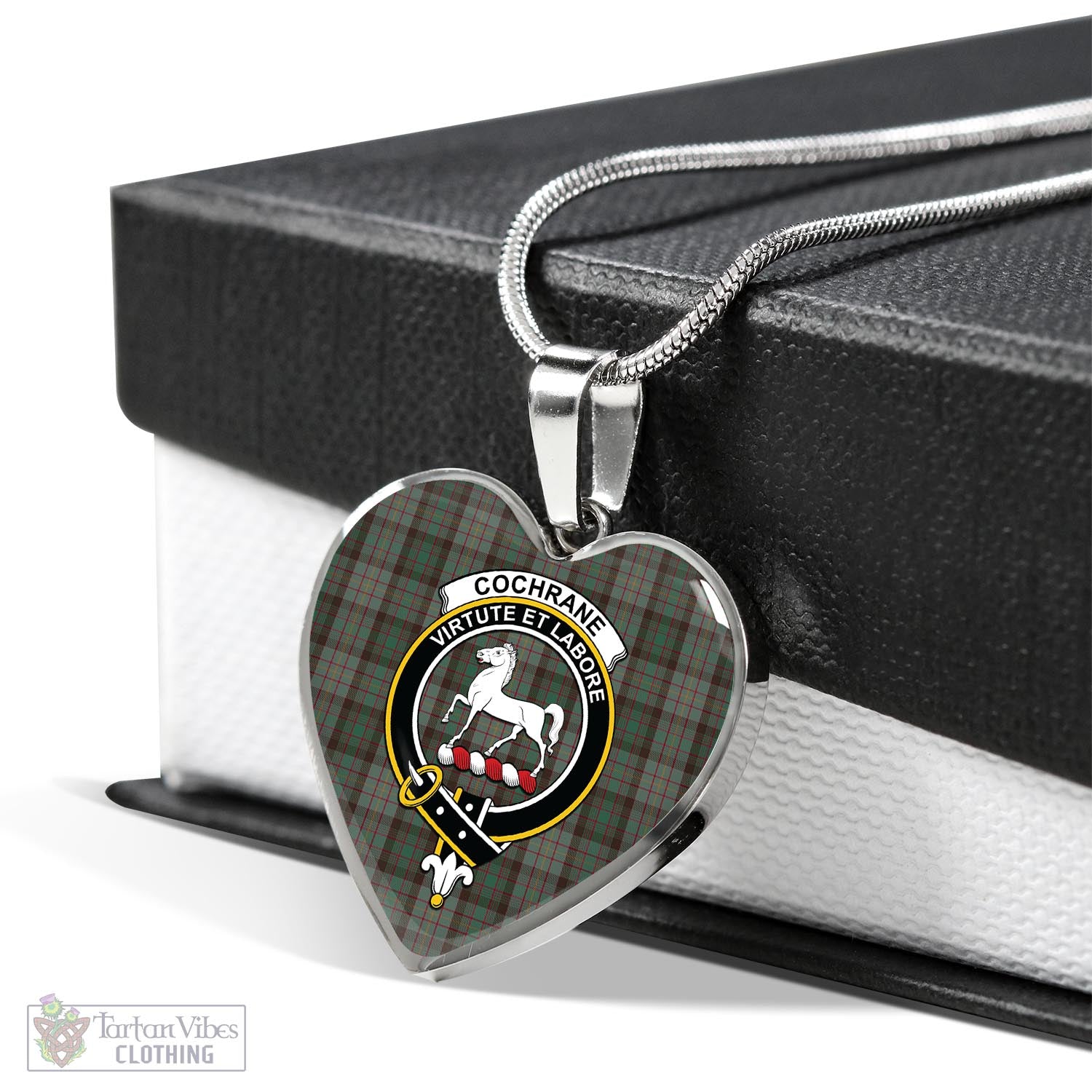 Tartan Vibes Clothing Cochrane Hunting Tartan Heart Necklace with Family Crest