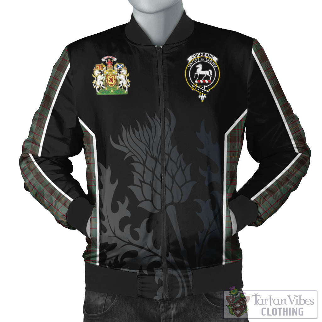 Tartan Vibes Clothing Cochrane Hunting Tartan Bomber Jacket with Family Crest and Scottish Thistle Vibes Sport Style