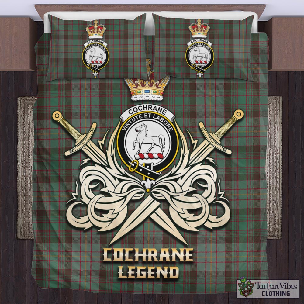 Tartan Vibes Clothing Cochrane Hunting Tartan Bedding Set with Clan Crest and the Golden Sword of Courageous Legacy