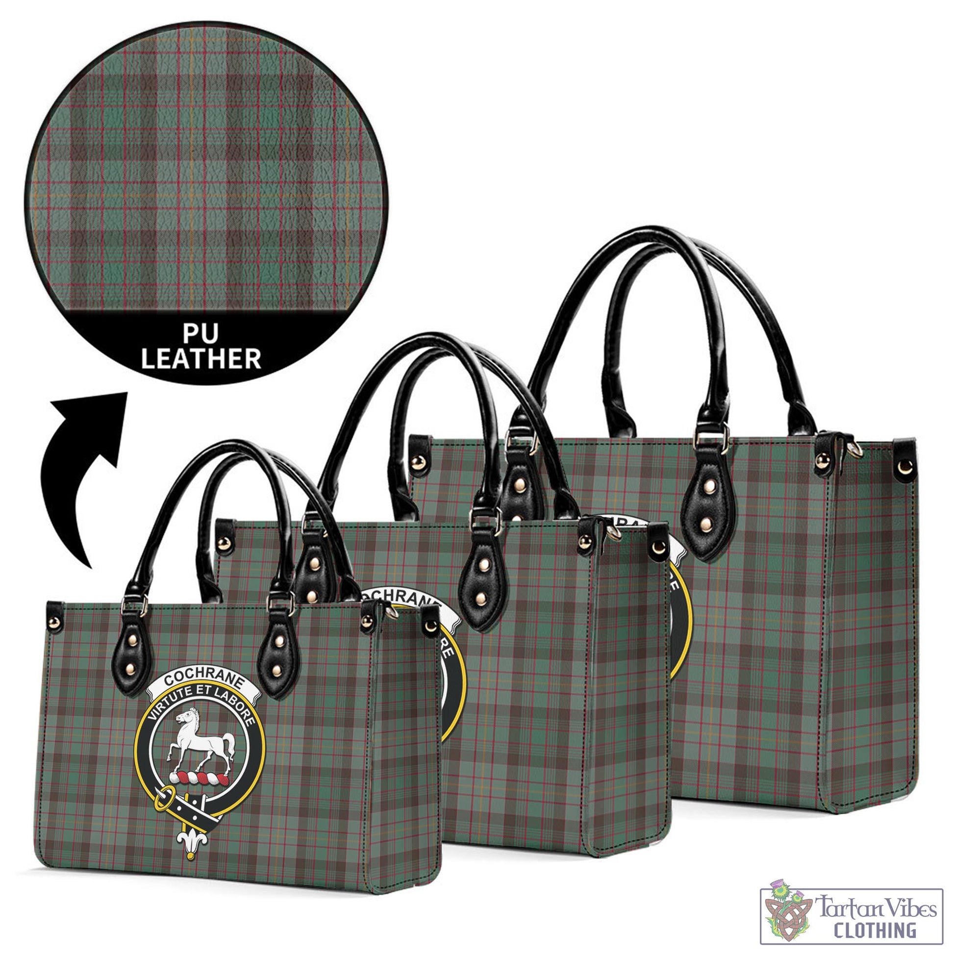 Tartan Vibes Clothing Cochrane Hunting Tartan Luxury Leather Handbags with Family Crest