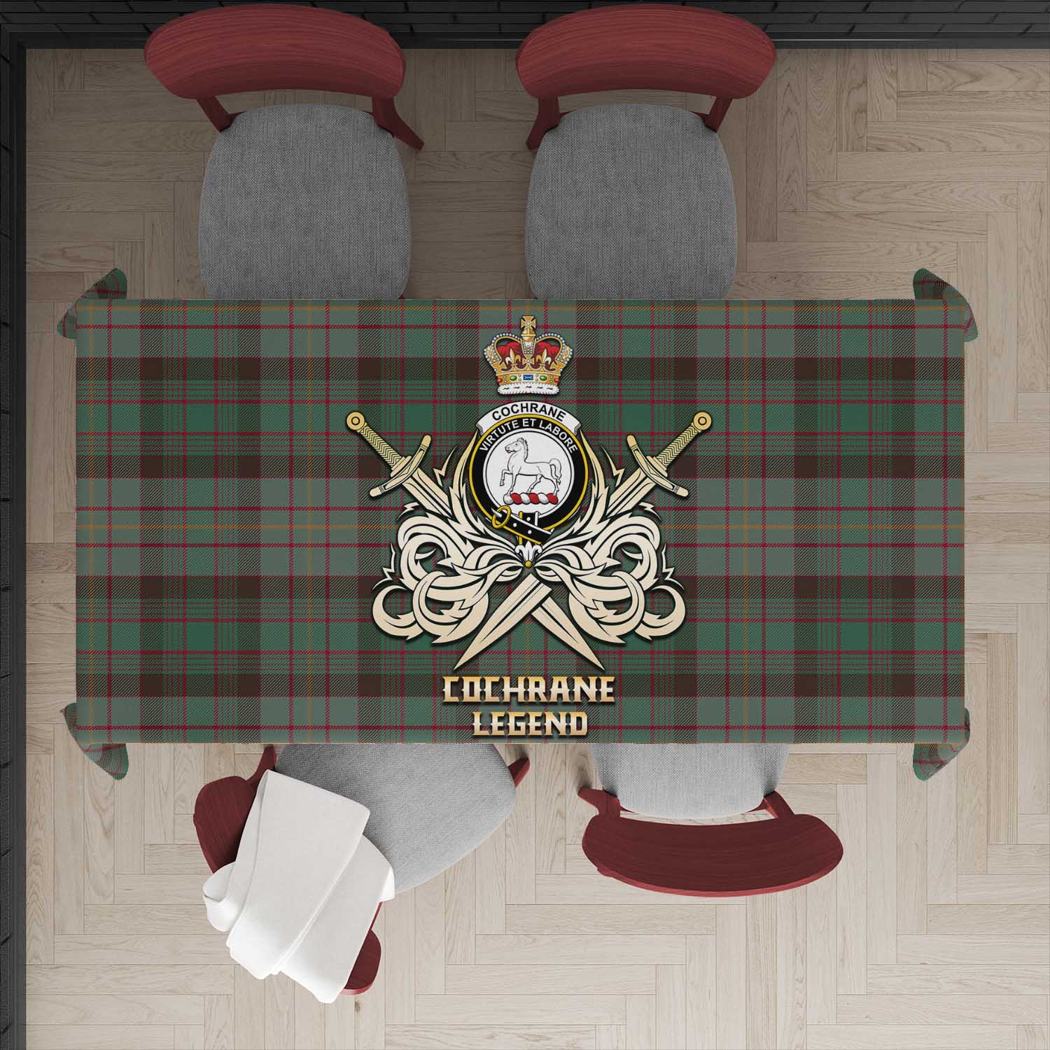 Tartan Vibes Clothing Cochrane Hunting Tartan Tablecloth with Clan Crest and the Golden Sword of Courageous Legacy