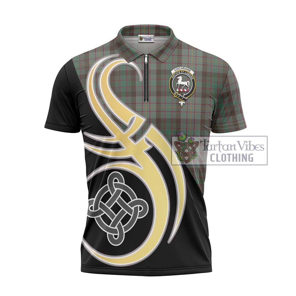 Tartan Vibes Clothing Cochrane Hunting Tartan Zipper Polo Shirt with Family Crest and Celtic Symbol Style