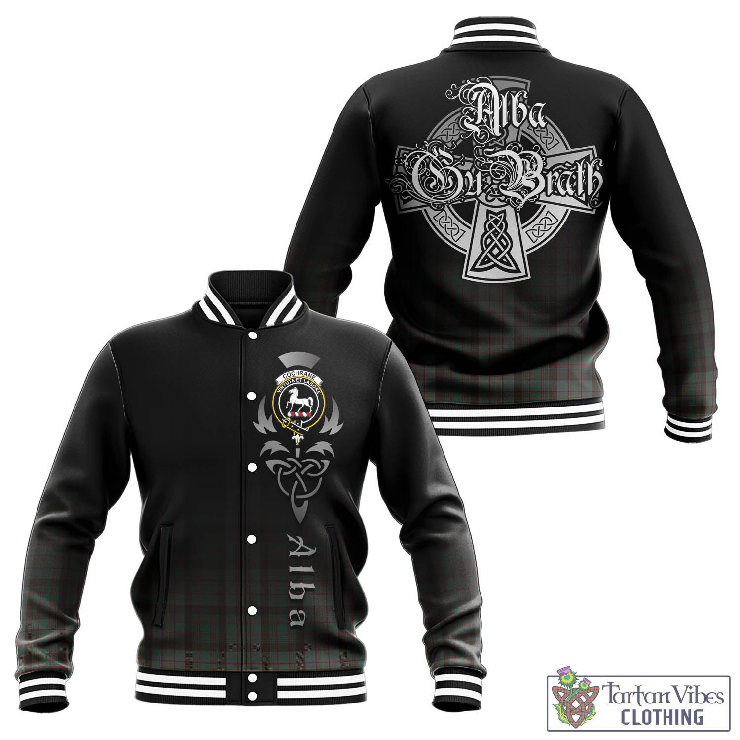 Tartan Vibes Clothing Cochrane Hunting Tartan Baseball Jacket Featuring Alba Gu Brath Family Crest Celtic Inspired