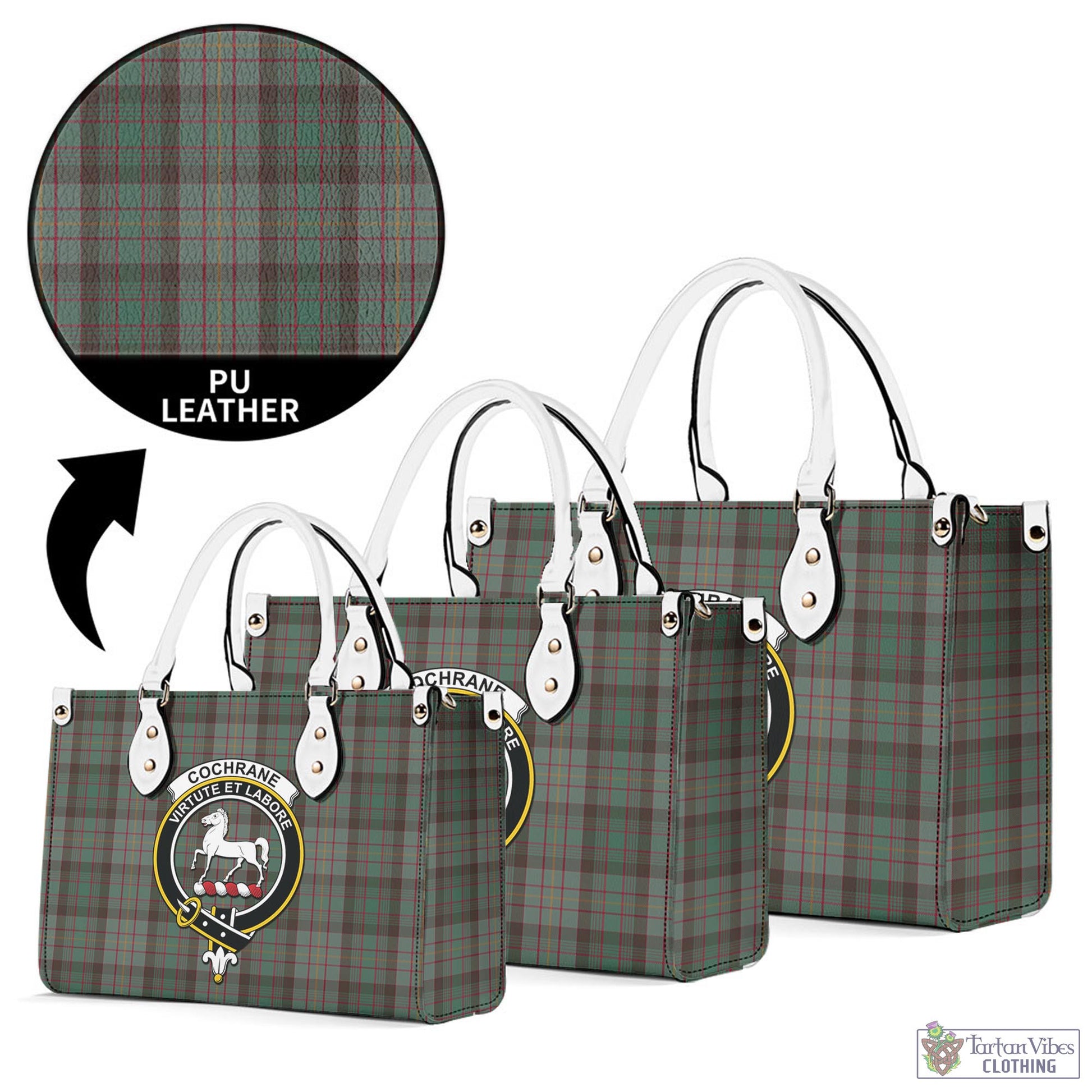 Tartan Vibes Clothing Cochrane Hunting Tartan Luxury Leather Handbags with Family Crest