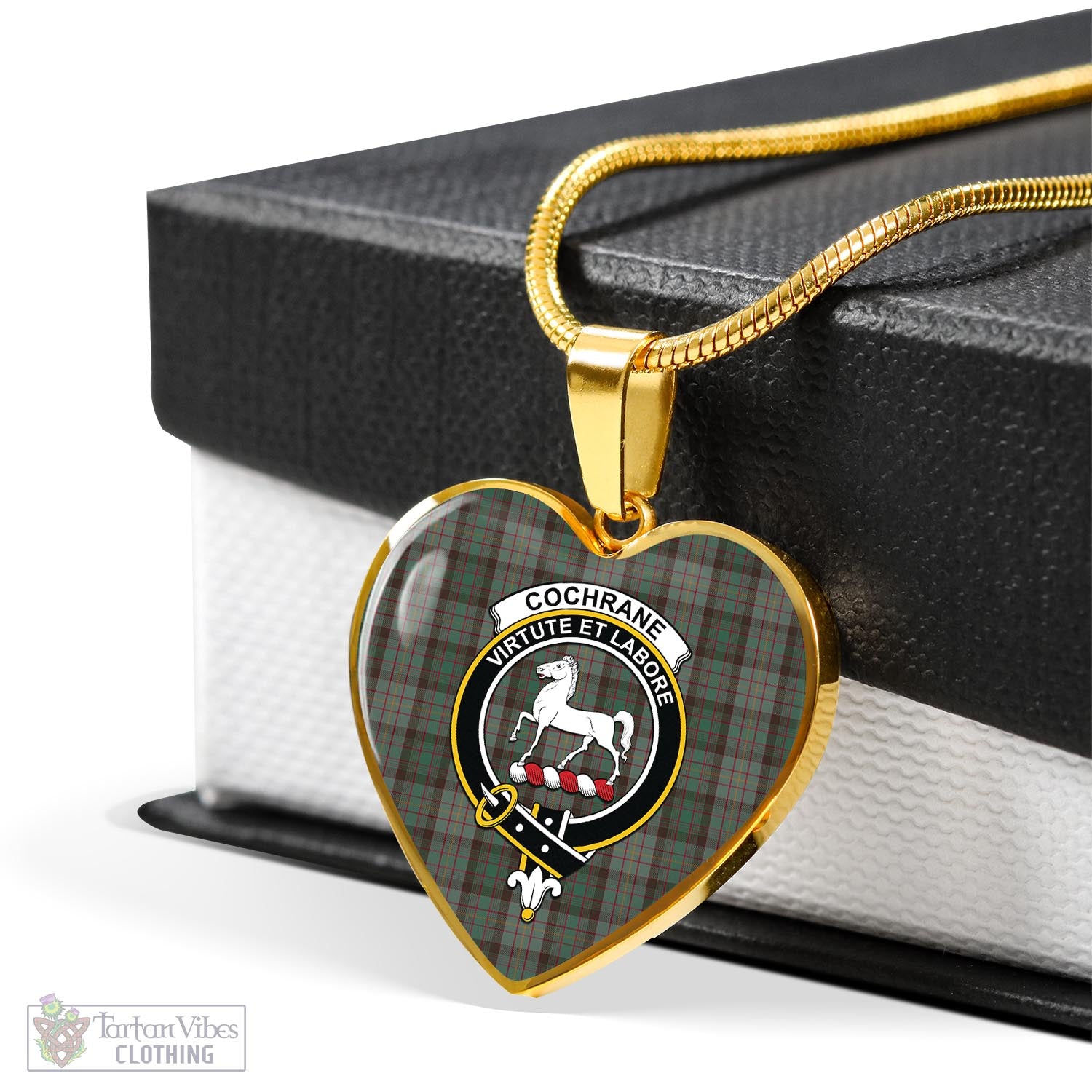 Tartan Vibes Clothing Cochrane Hunting Tartan Heart Necklace with Family Crest