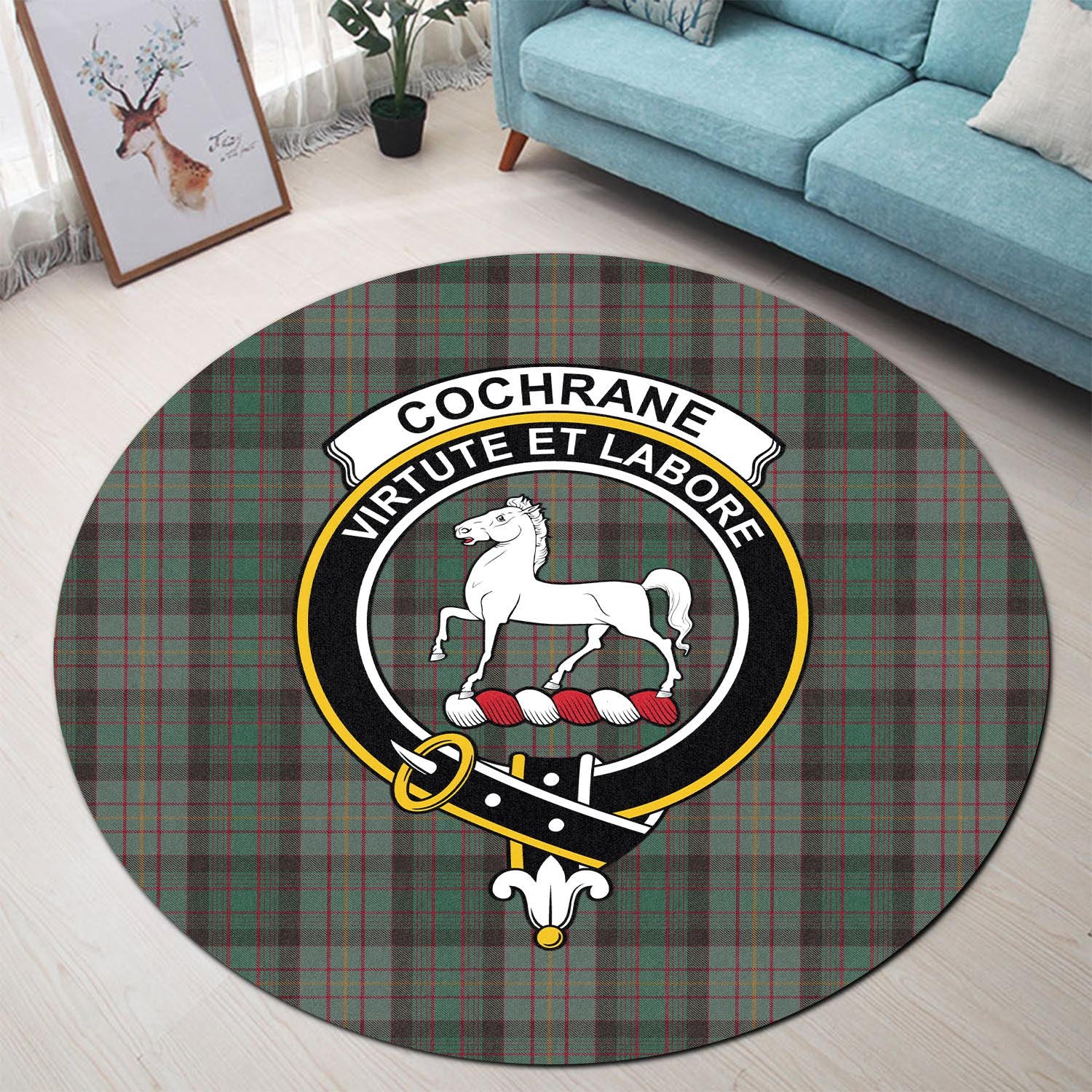 Cochrane Hunting Tartan Round Rug with Family Crest - Tartanvibesclothing