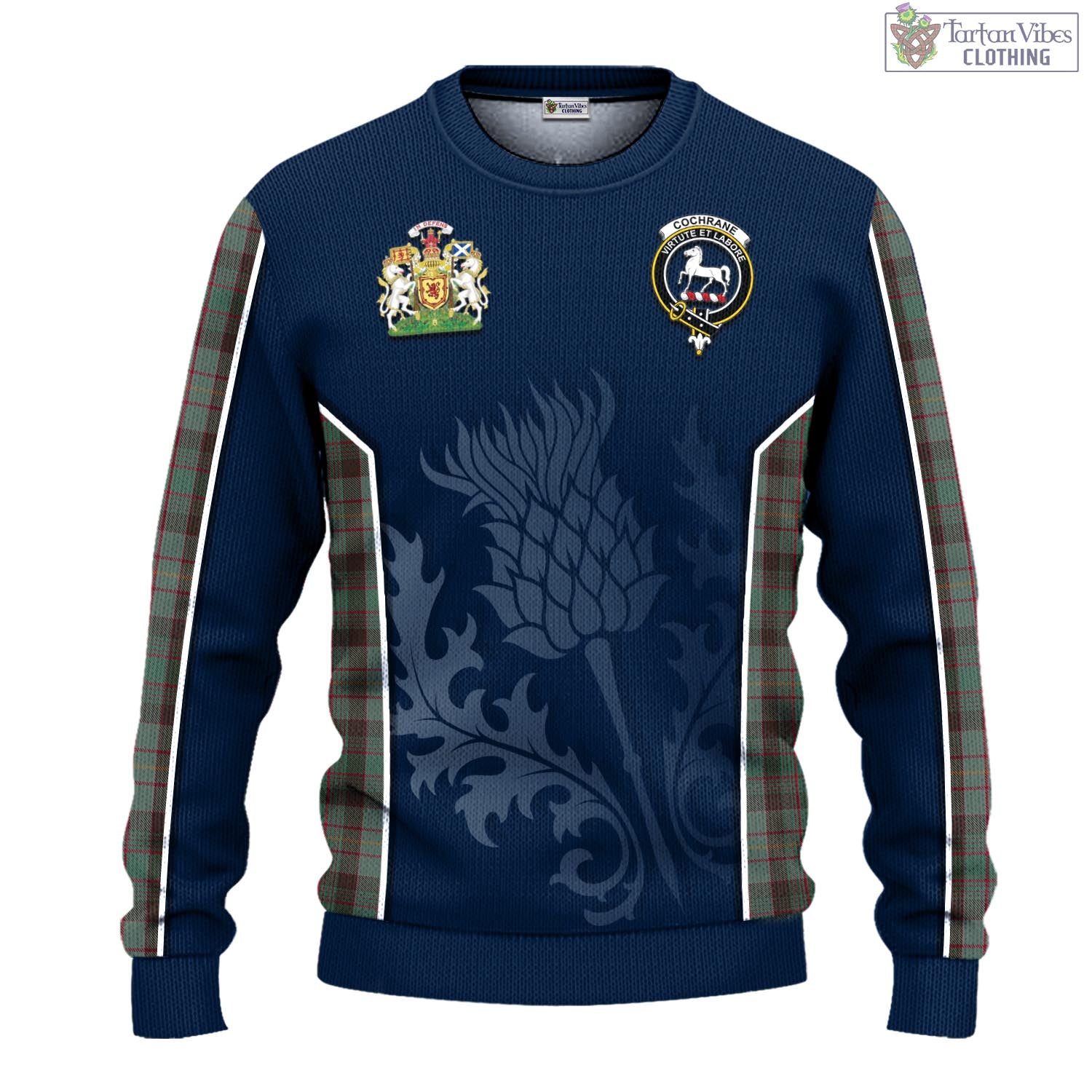 Tartan Vibes Clothing Cochrane Hunting Tartan Knitted Sweatshirt with Family Crest and Scottish Thistle Vibes Sport Style