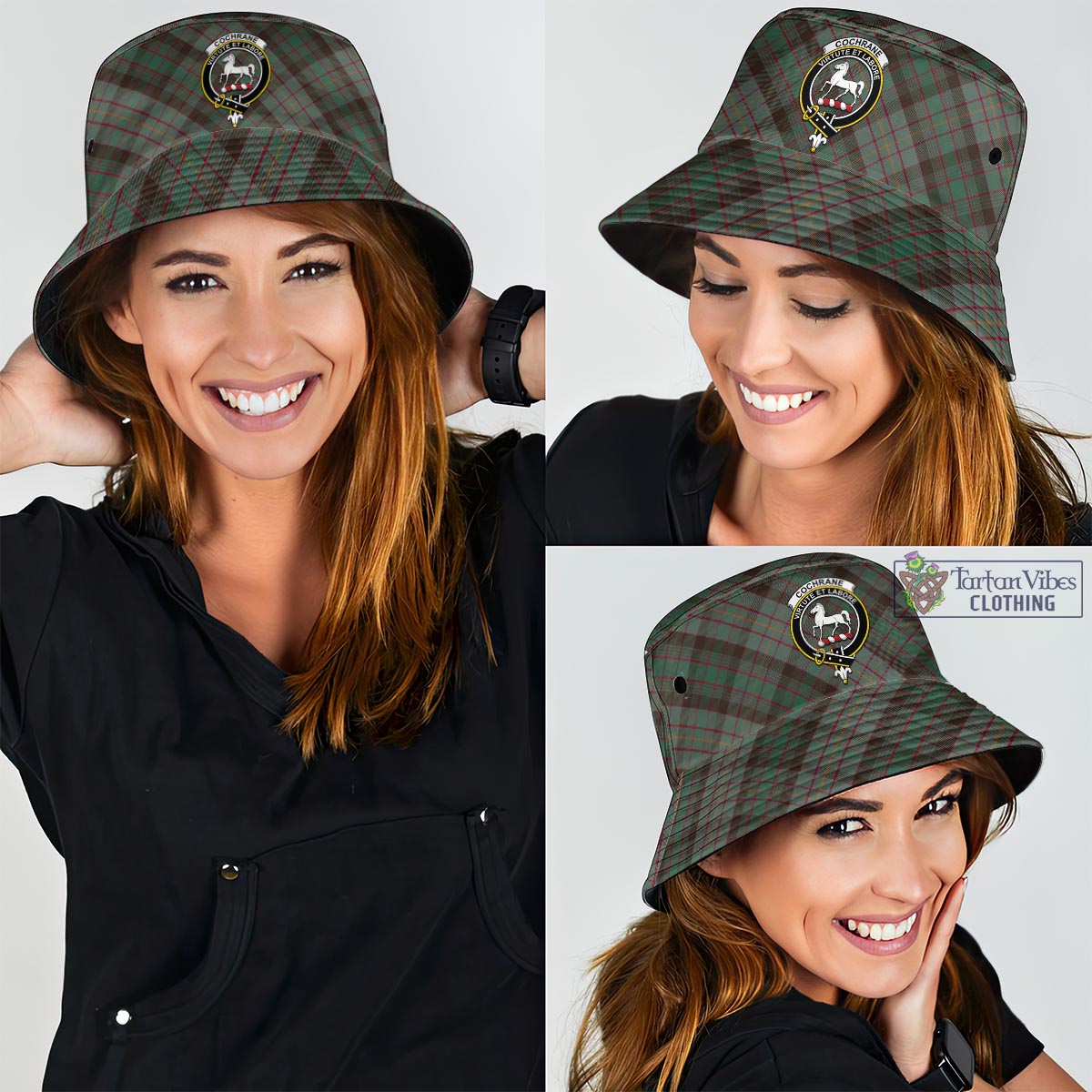 Tartan Vibes Clothing Cochrane Hunting Tartan Bucket Hat with Family Crest