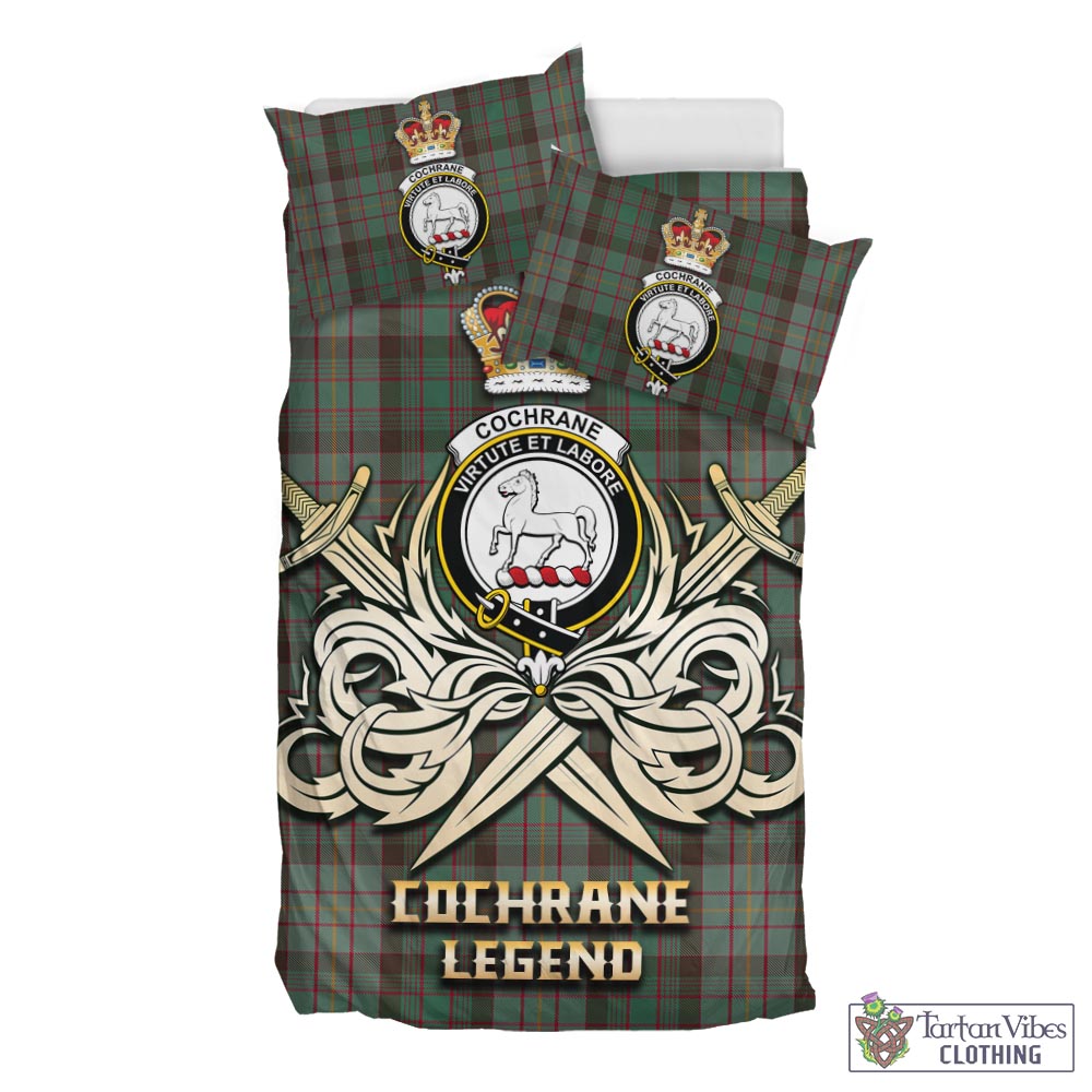 Tartan Vibes Clothing Cochrane Hunting Tartan Bedding Set with Clan Crest and the Golden Sword of Courageous Legacy