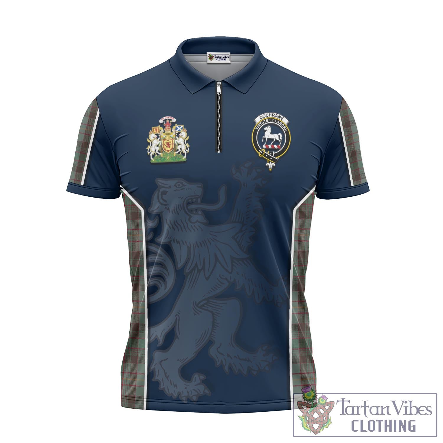 Tartan Vibes Clothing Cochrane Hunting Tartan Zipper Polo Shirt with Family Crest and Lion Rampant Vibes Sport Style