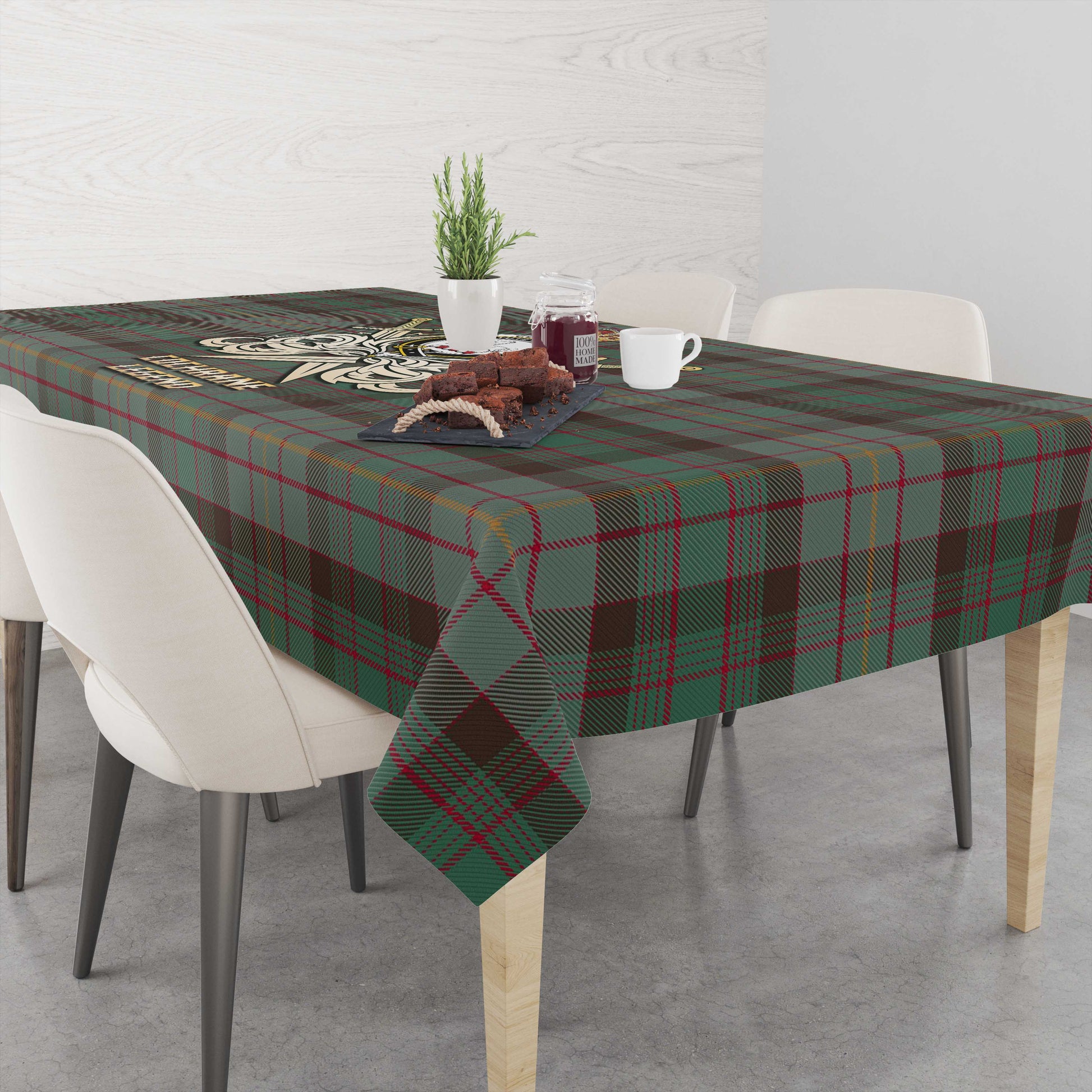 Tartan Vibes Clothing Cochrane Hunting Tartan Tablecloth with Clan Crest and the Golden Sword of Courageous Legacy