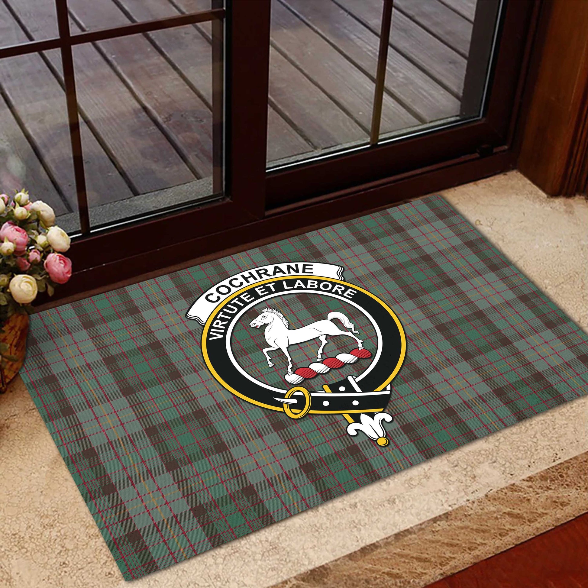 Cochrane Hunting Tartan Door Mat with Family Crest - Tartanvibesclothing