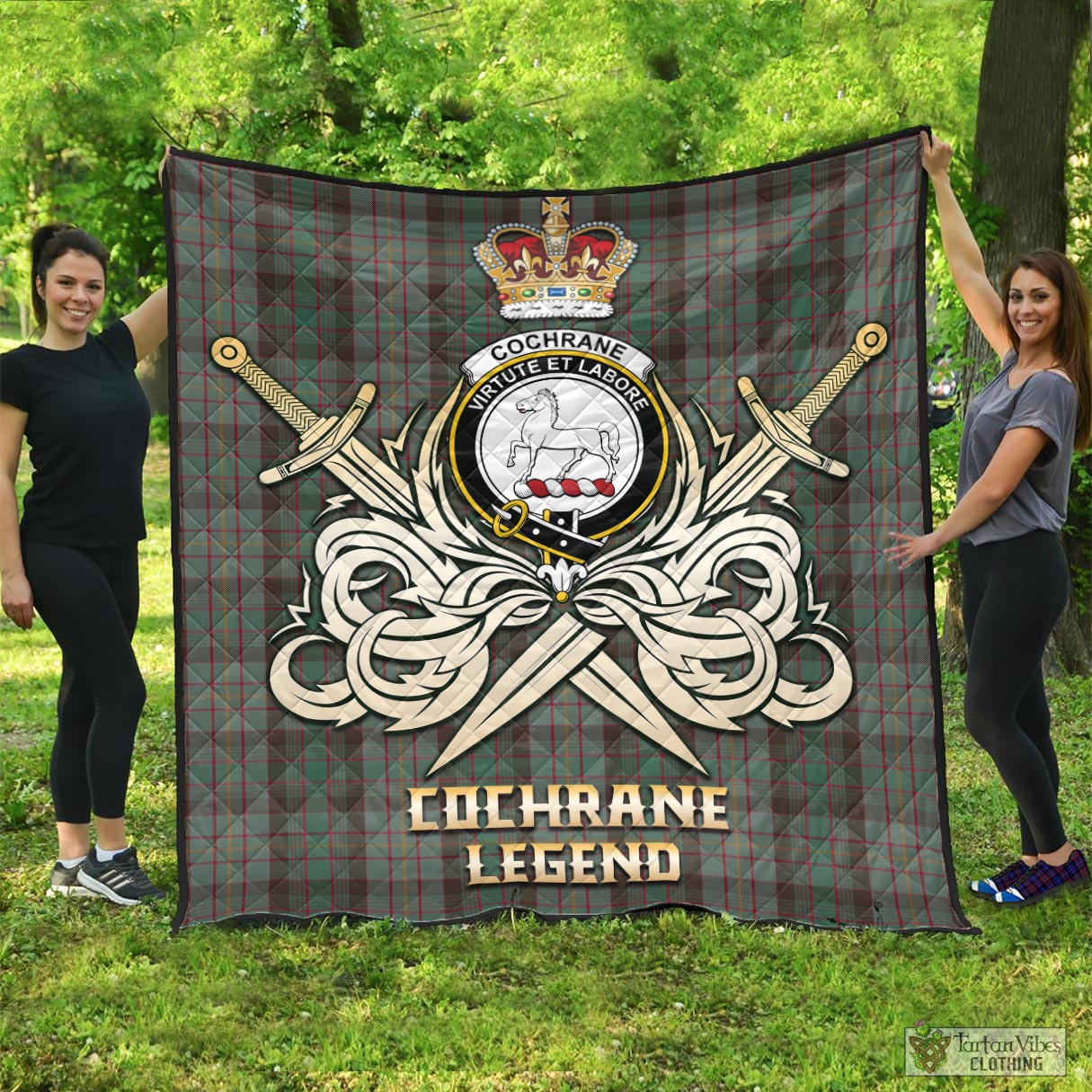 Tartan Vibes Clothing Cochrane Hunting Tartan Quilt with Clan Crest and the Golden Sword of Courageous Legacy