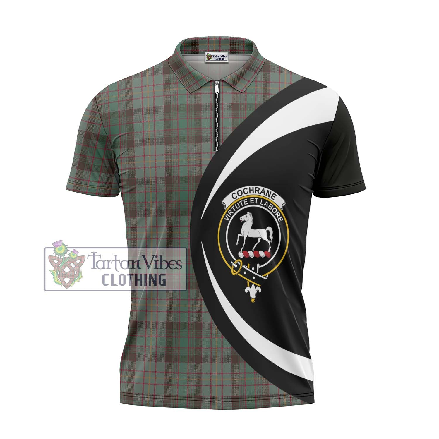 Tartan Vibes Clothing Cochrane Hunting Tartan Zipper Polo Shirt with Family Crest Circle Style