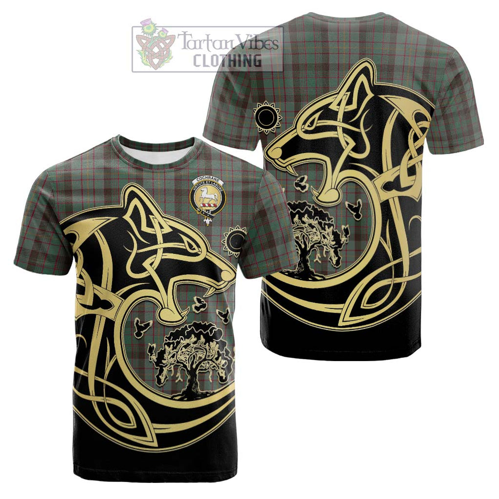 Tartan Vibes Clothing Cochrane Hunting Tartan Cotton T-shirt with Family Crest Celtic Wolf Style