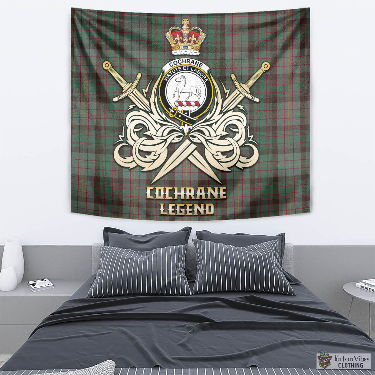 Tartan Vibes Clothing Cochrane Hunting Tartan Tapestry with Clan Crest and the Golden Sword of Courageous Legacy