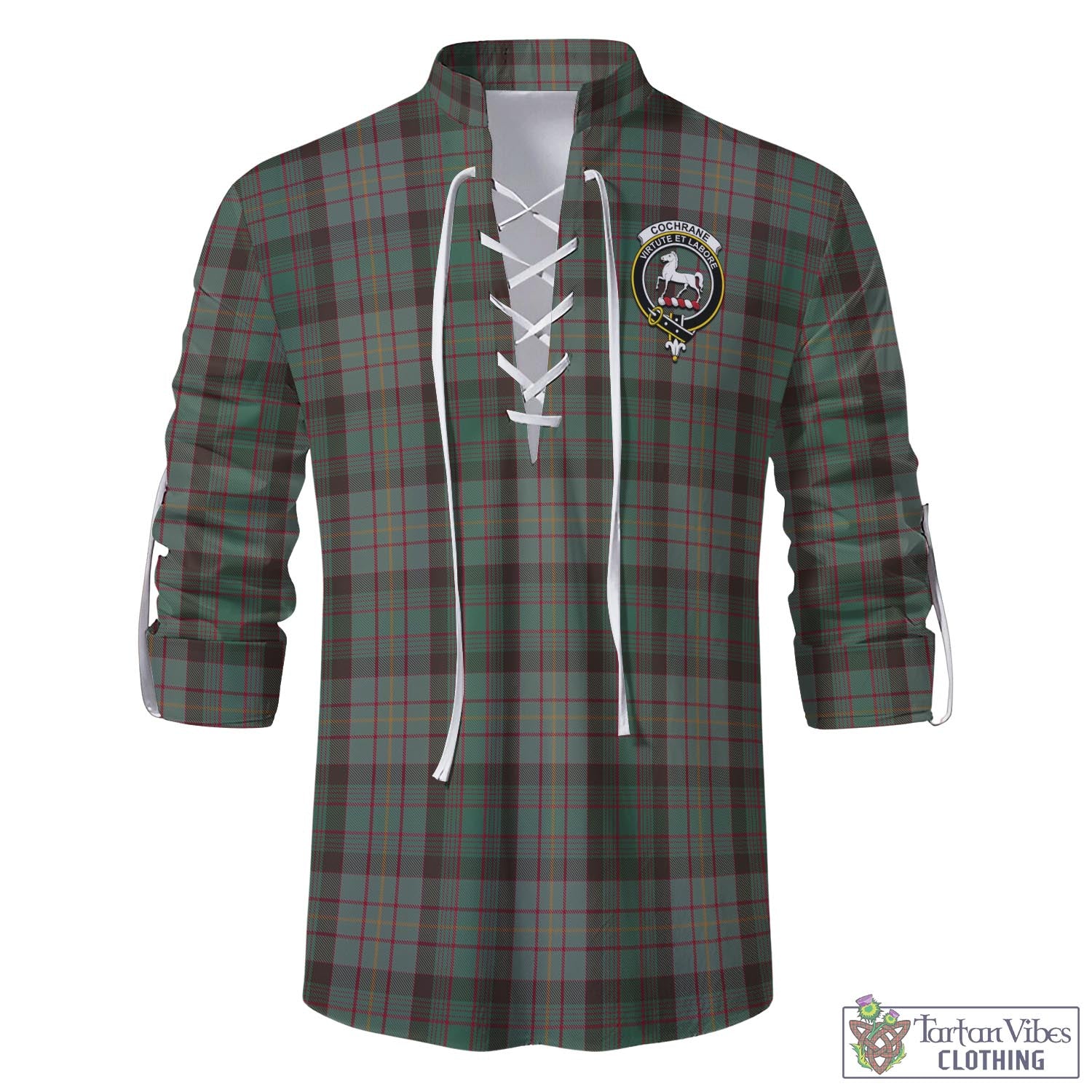 Tartan Vibes Clothing Cochrane Hunting Tartan Men's Scottish Traditional Jacobite Ghillie Kilt Shirt with Family Crest