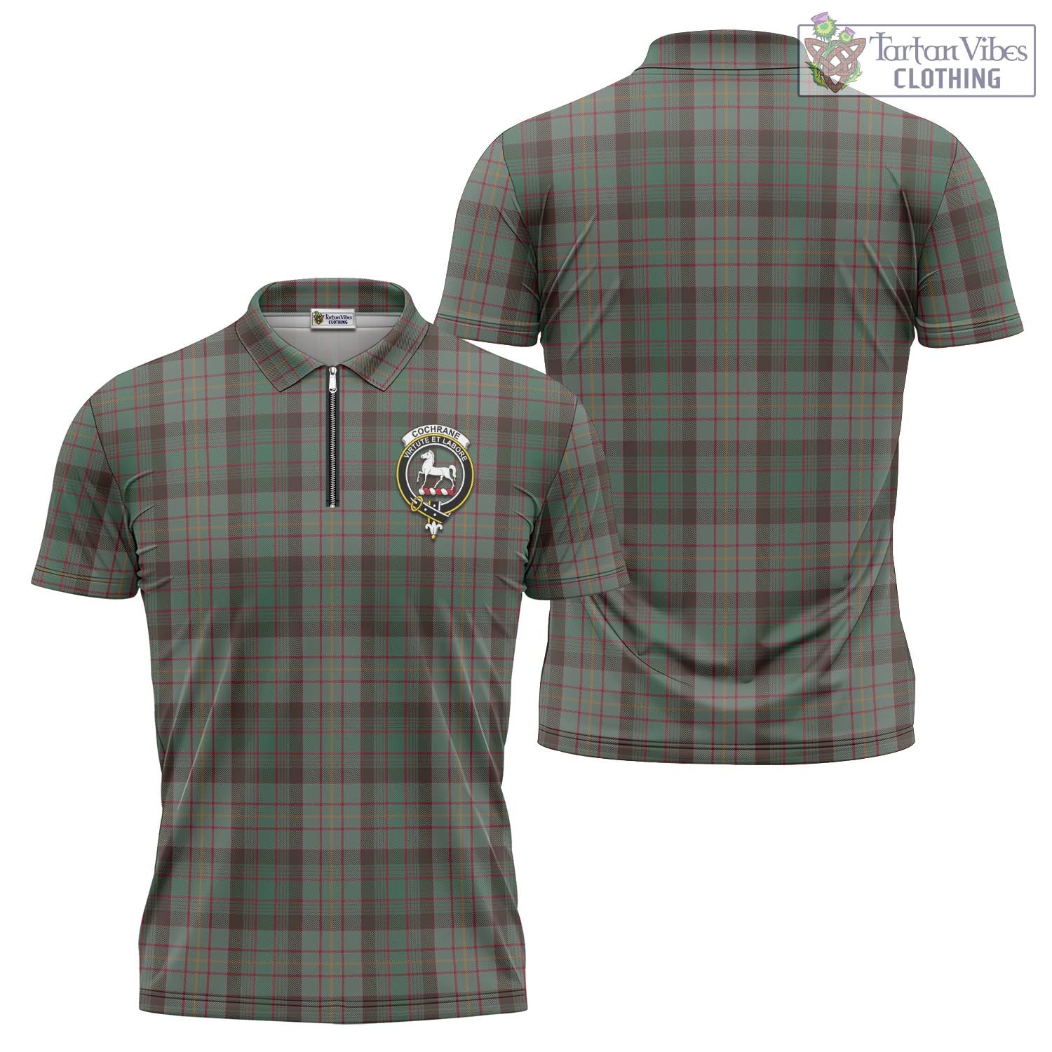 Tartan Vibes Clothing Cochrane Hunting Tartan Zipper Polo Shirt with Family Crest