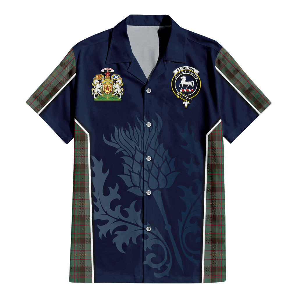 Tartan Vibes Clothing Cochrane Hunting Tartan Short Sleeve Button Up Shirt with Family Crest and Scottish Thistle Vibes Sport Style