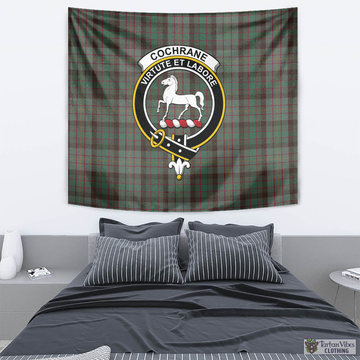 Tartan Vibes Clothing Cochrane Hunting Tartan Tapestry Wall Hanging and Home Decor for Room with Family Crest