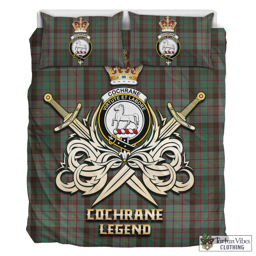 Tartan Vibes Clothing Cochrane Hunting Tartan Bedding Set with Clan Crest and the Golden Sword of Courageous Legacy