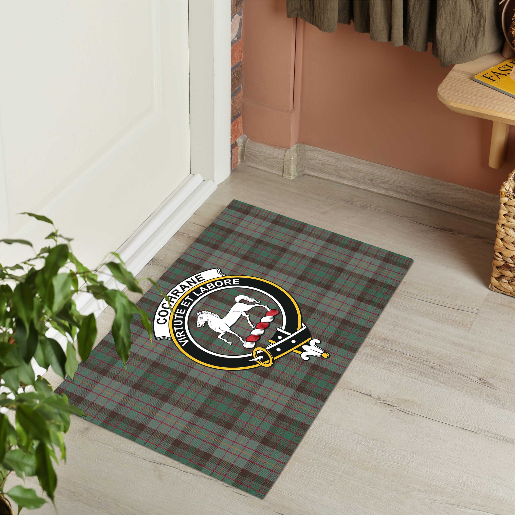 Cochrane Hunting Tartan Door Mat with Family Crest - Tartanvibesclothing