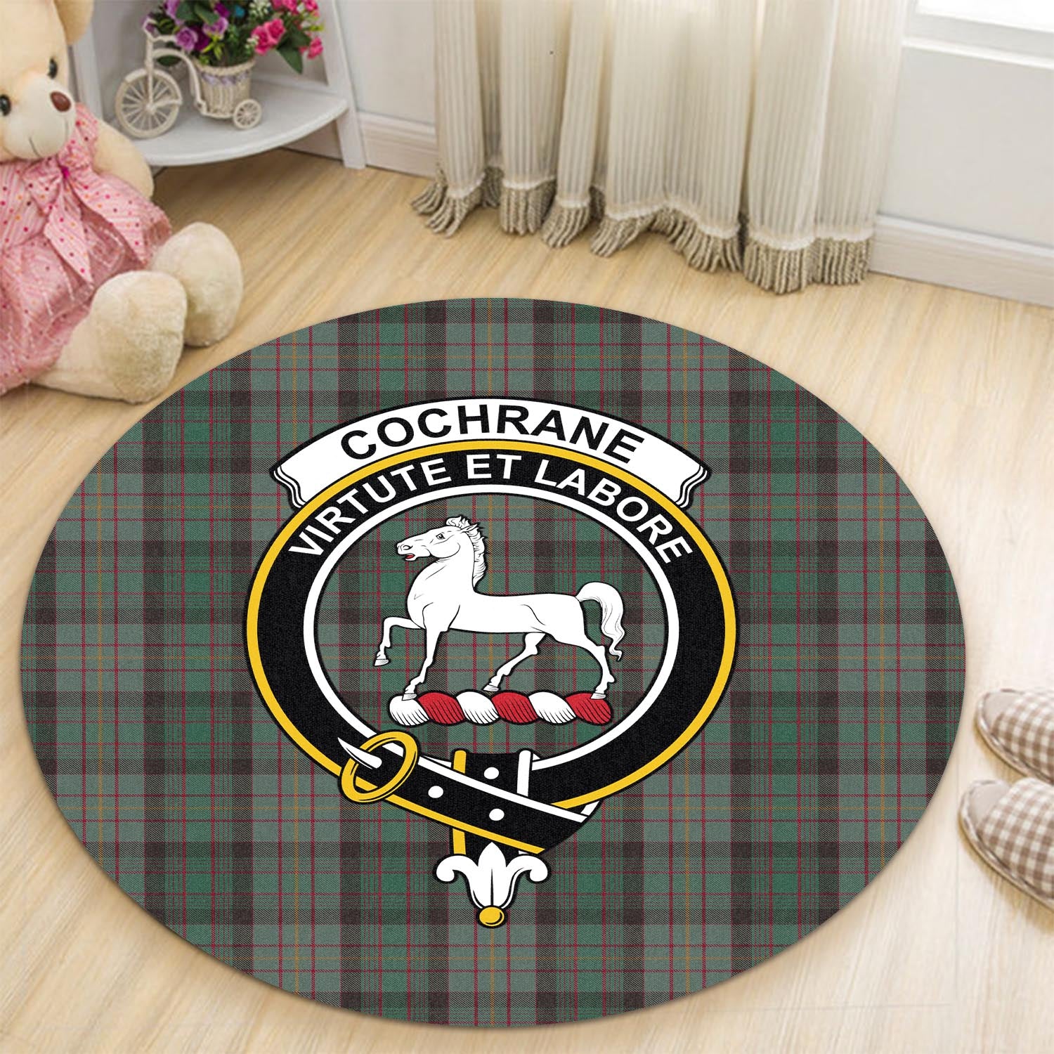 Cochrane Hunting Tartan Round Rug with Family Crest - Tartanvibesclothing