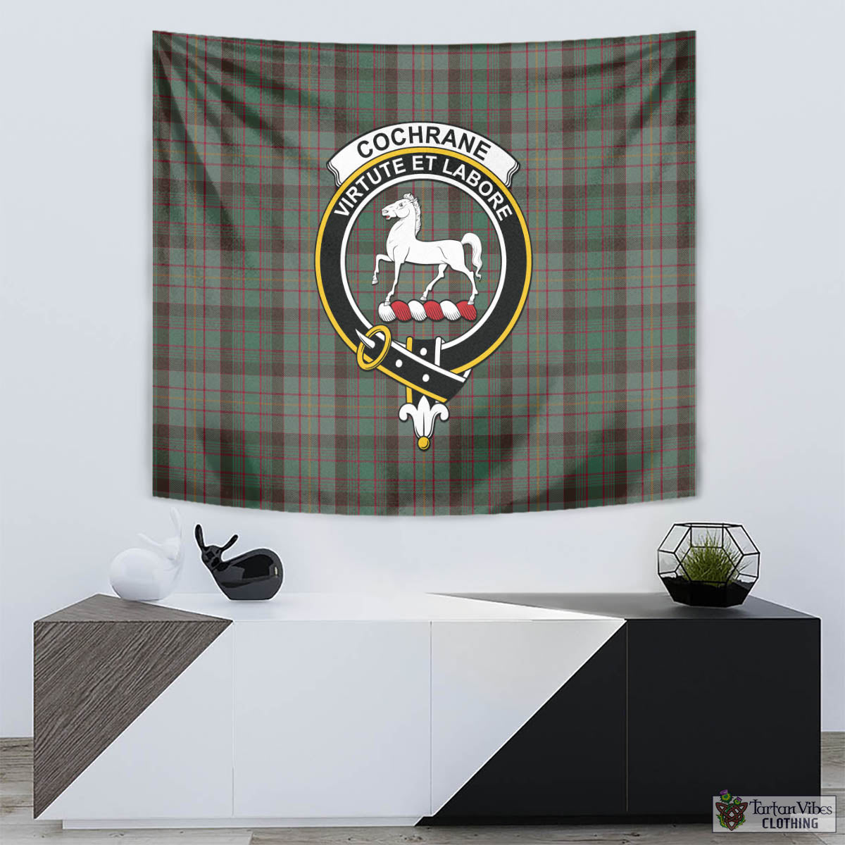 Tartan Vibes Clothing Cochrane Hunting Tartan Tapestry Wall Hanging and Home Decor for Room with Family Crest