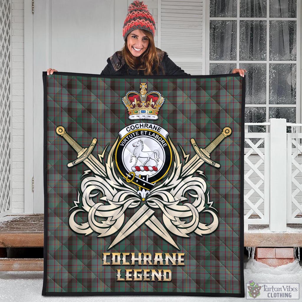 Tartan Vibes Clothing Cochrane Hunting Tartan Quilt with Clan Crest and the Golden Sword of Courageous Legacy