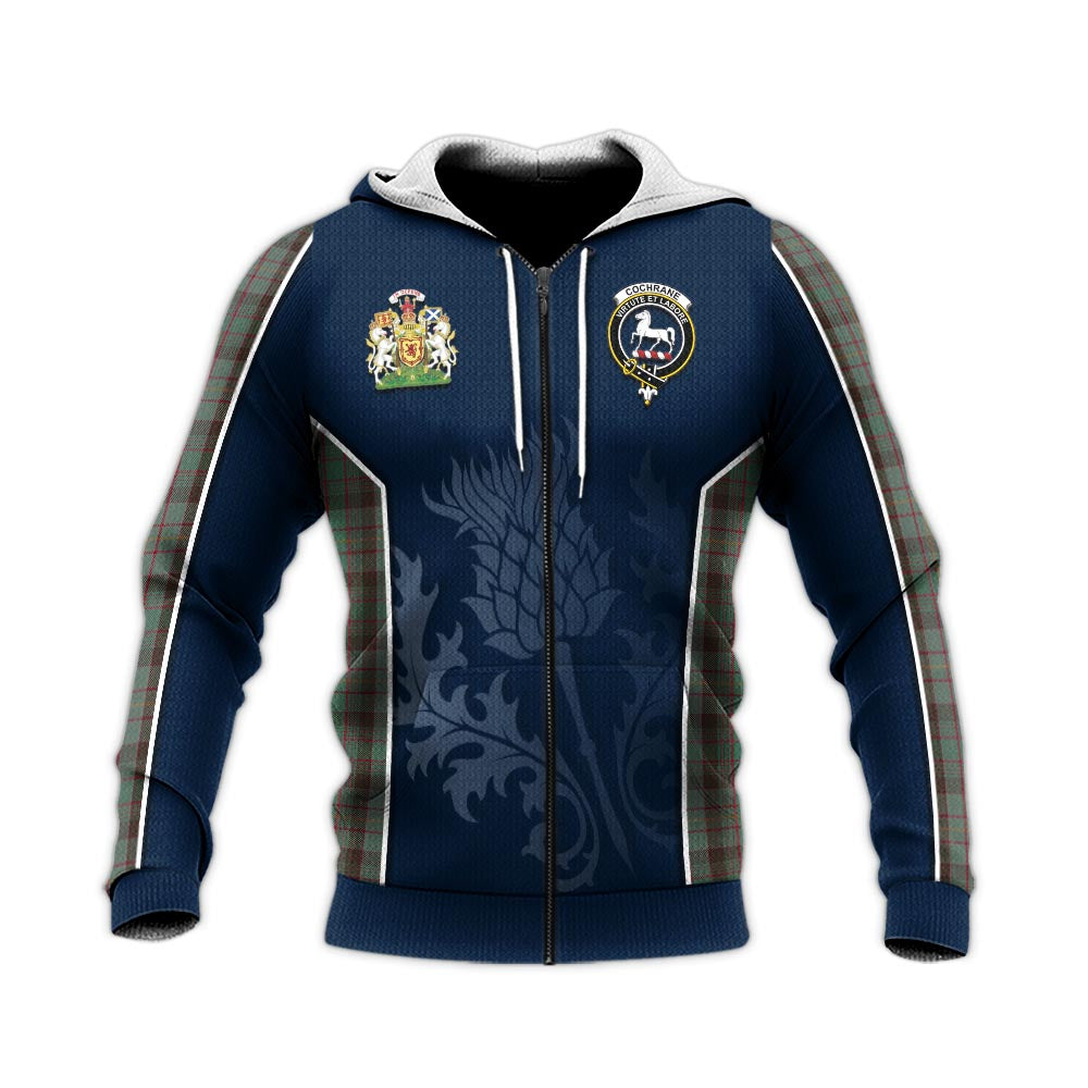 Tartan Vibes Clothing Cochrane Hunting Tartan Knitted Hoodie with Family Crest and Scottish Thistle Vibes Sport Style