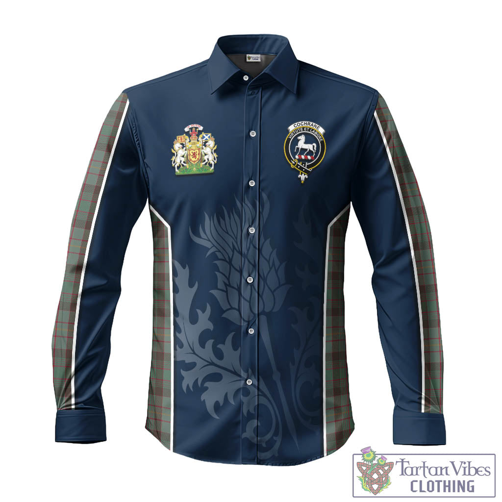 Tartan Vibes Clothing Cochrane Hunting Tartan Long Sleeve Button Up Shirt with Family Crest and Scottish Thistle Vibes Sport Style