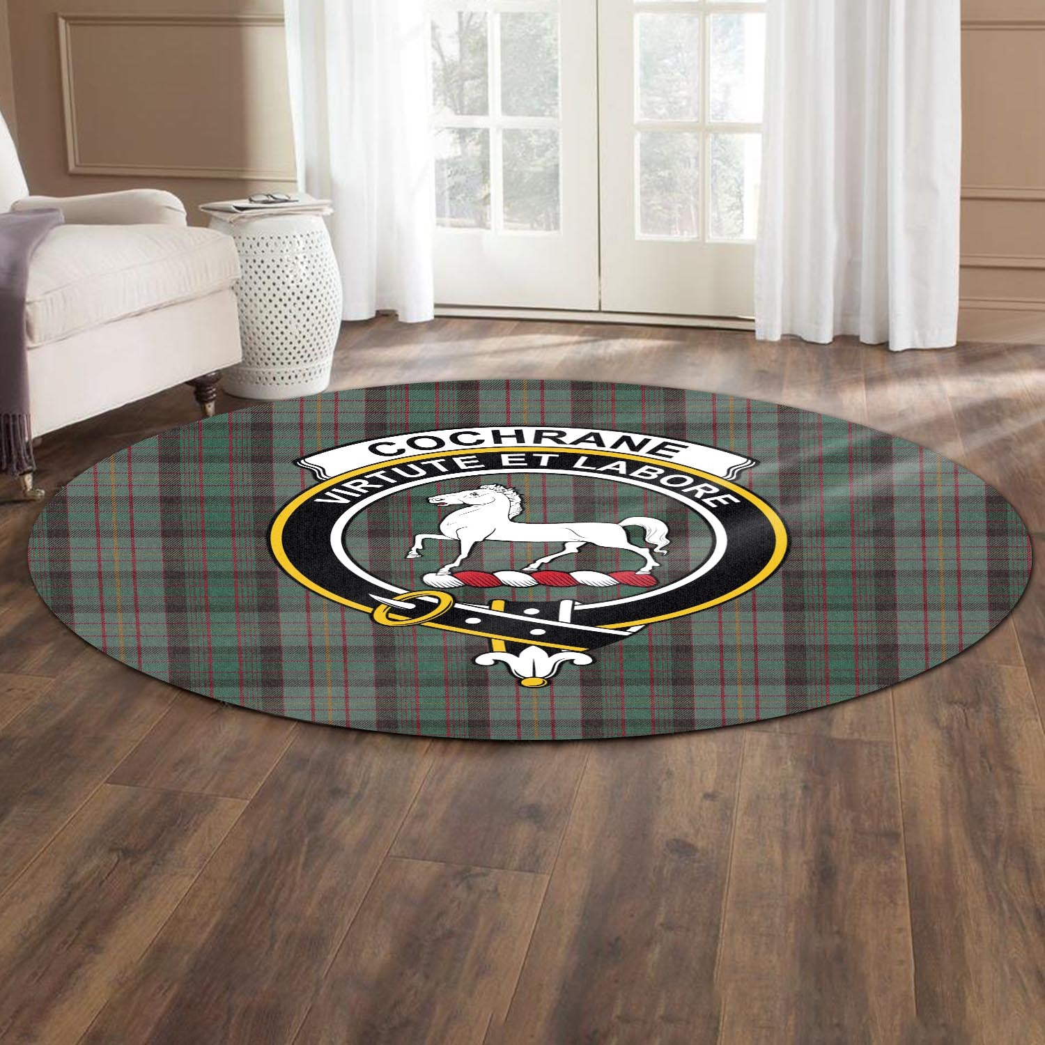 Cochrane Hunting Tartan Round Rug with Family Crest - Tartanvibesclothing