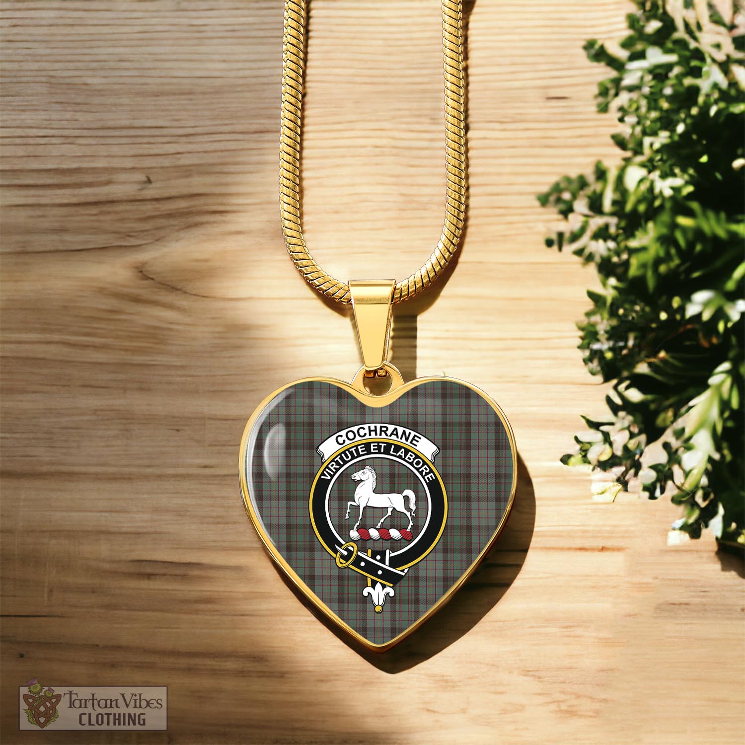 Tartan Vibes Clothing Cochrane Hunting Tartan Heart Necklace with Family Crest