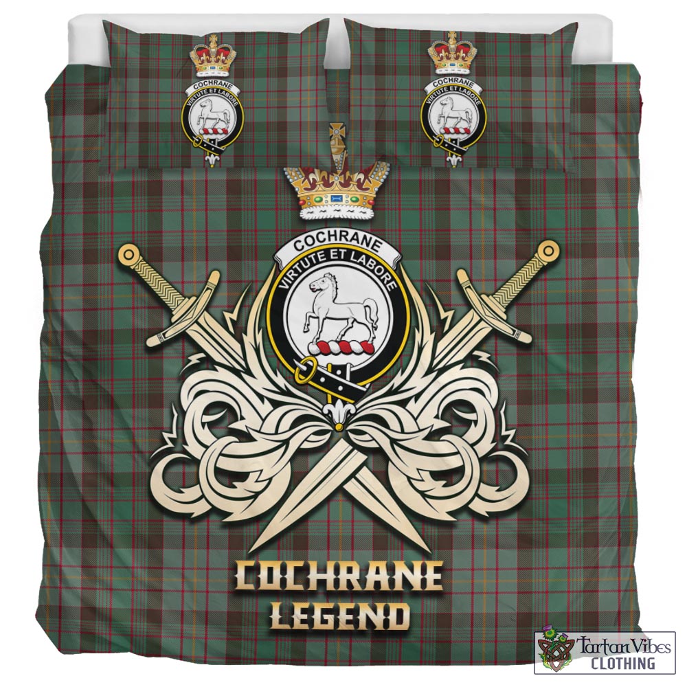 Tartan Vibes Clothing Cochrane Hunting Tartan Bedding Set with Clan Crest and the Golden Sword of Courageous Legacy