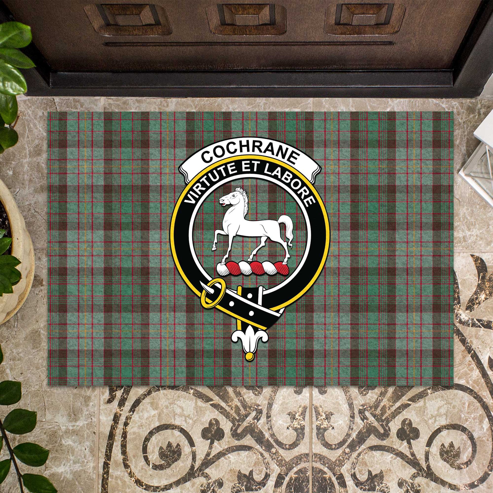 Cochrane Hunting Tartan Door Mat with Family Crest - Tartanvibesclothing