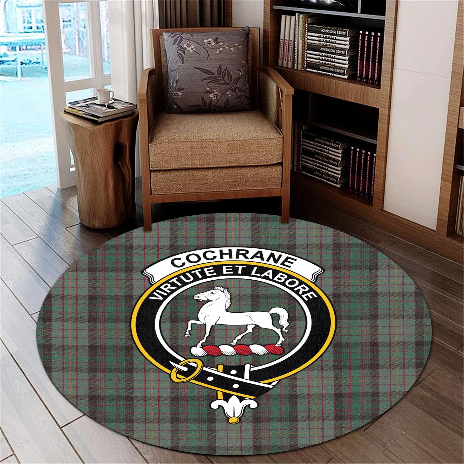 Cochrane Hunting Tartan Round Rug with Family Crest - Tartanvibesclothing