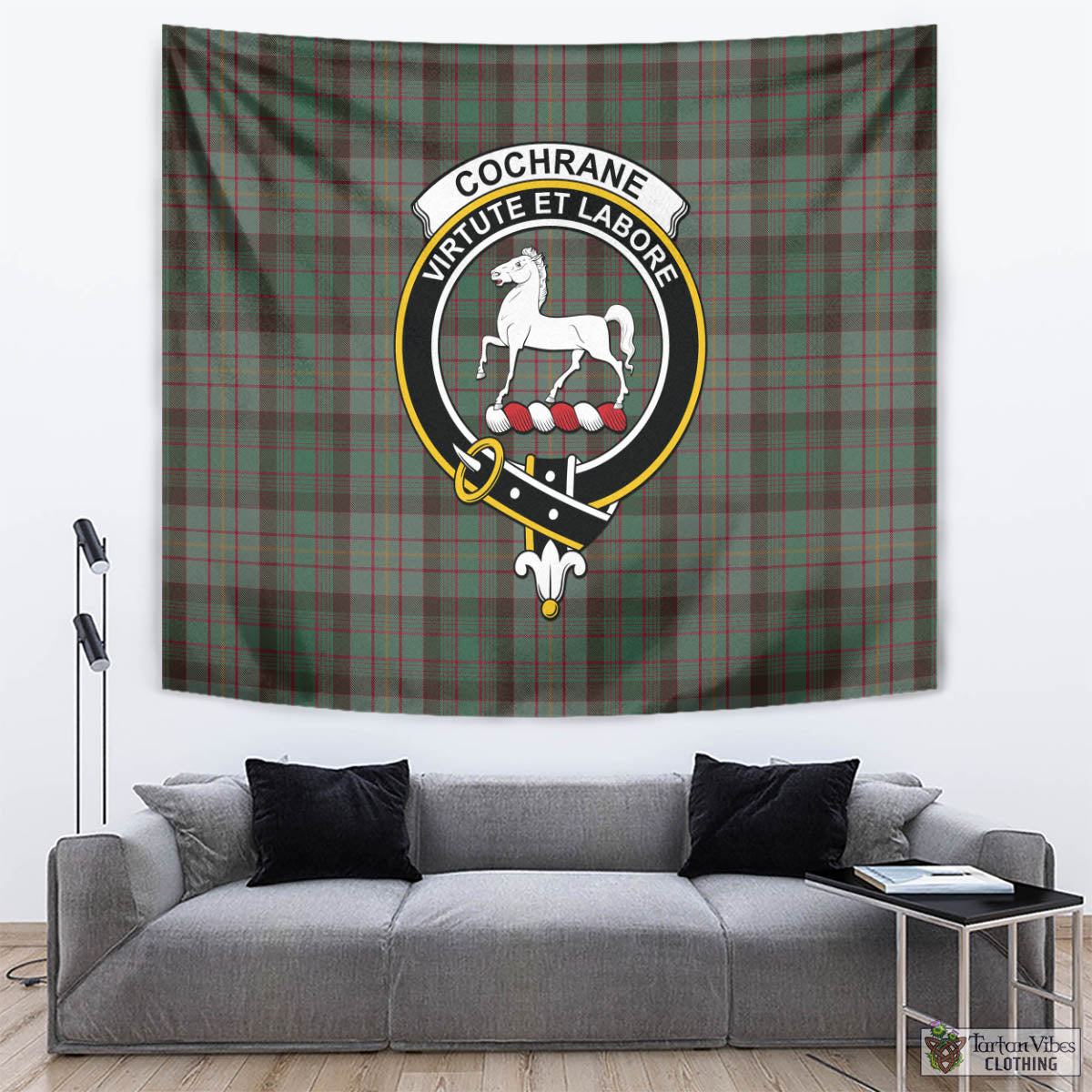 Tartan Vibes Clothing Cochrane Hunting Tartan Tapestry Wall Hanging and Home Decor for Room with Family Crest