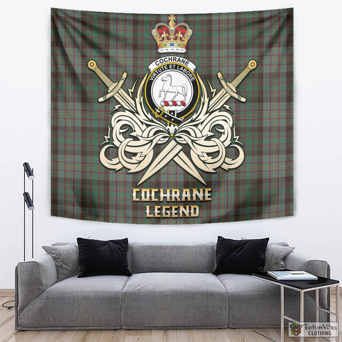 Tartan Vibes Clothing Cochrane Hunting Tartan Tapestry with Clan Crest and the Golden Sword of Courageous Legacy