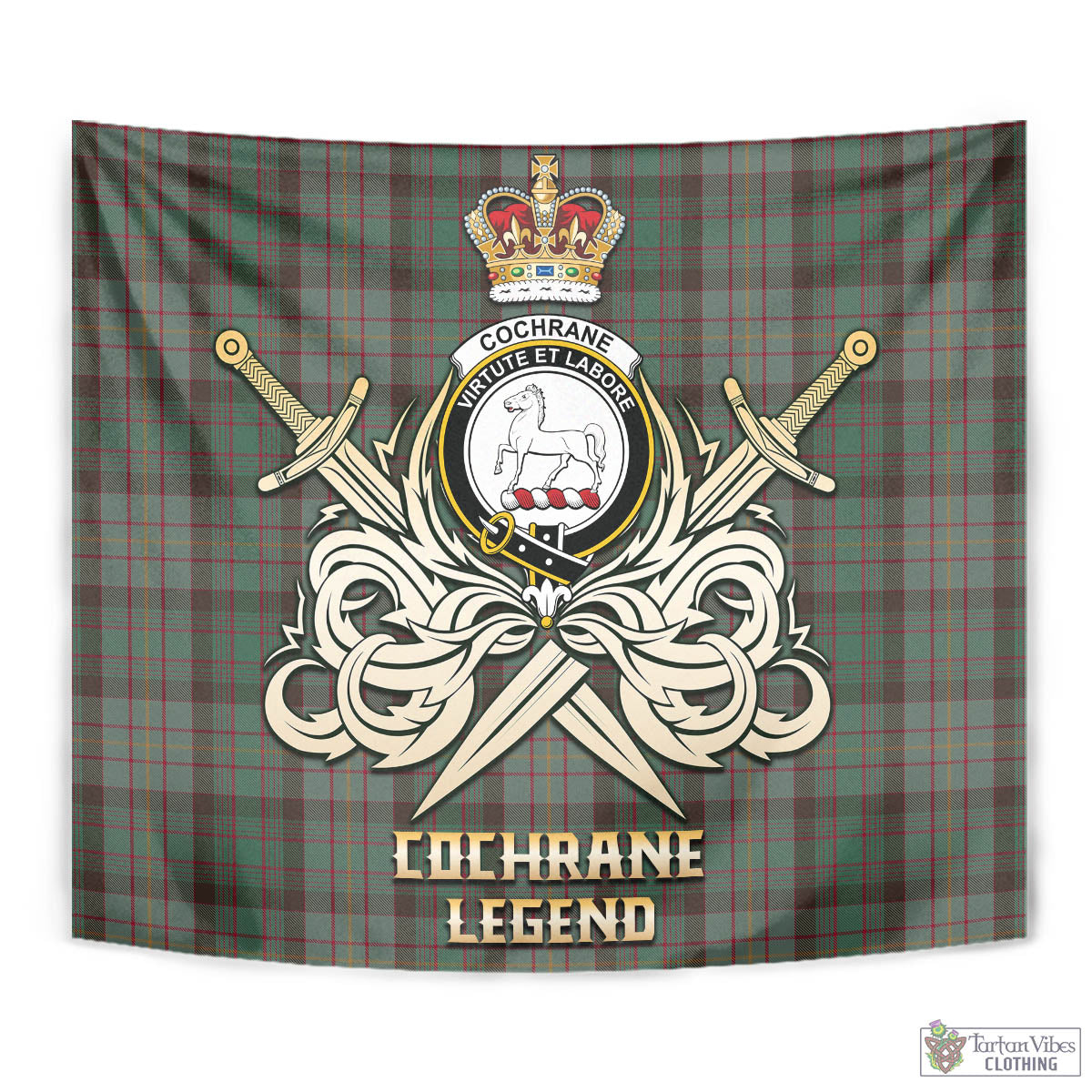 Tartan Vibes Clothing Cochrane Hunting Tartan Tapestry with Clan Crest and the Golden Sword of Courageous Legacy