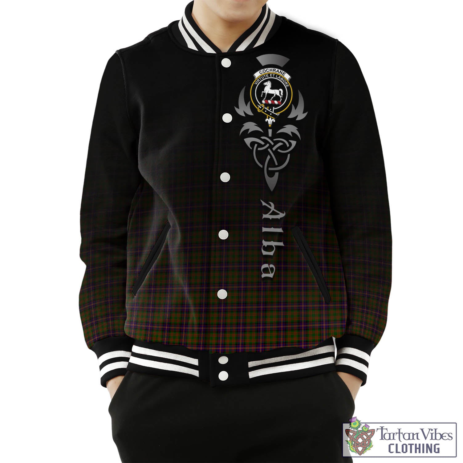 Tartan Vibes Clothing Cochrane Modern Tartan Baseball Jacket Featuring Alba Gu Brath Family Crest Celtic Inspired