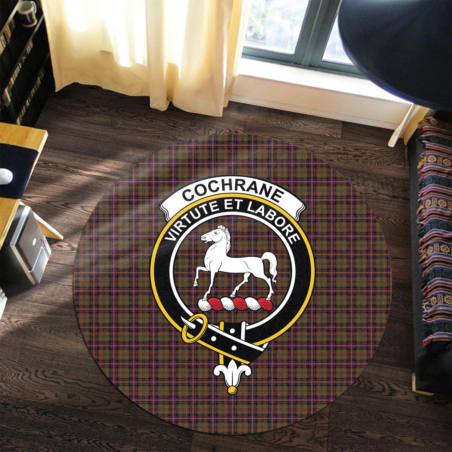 Cochrane Modern Tartan Round Rug with Family Crest - Tartanvibesclothing