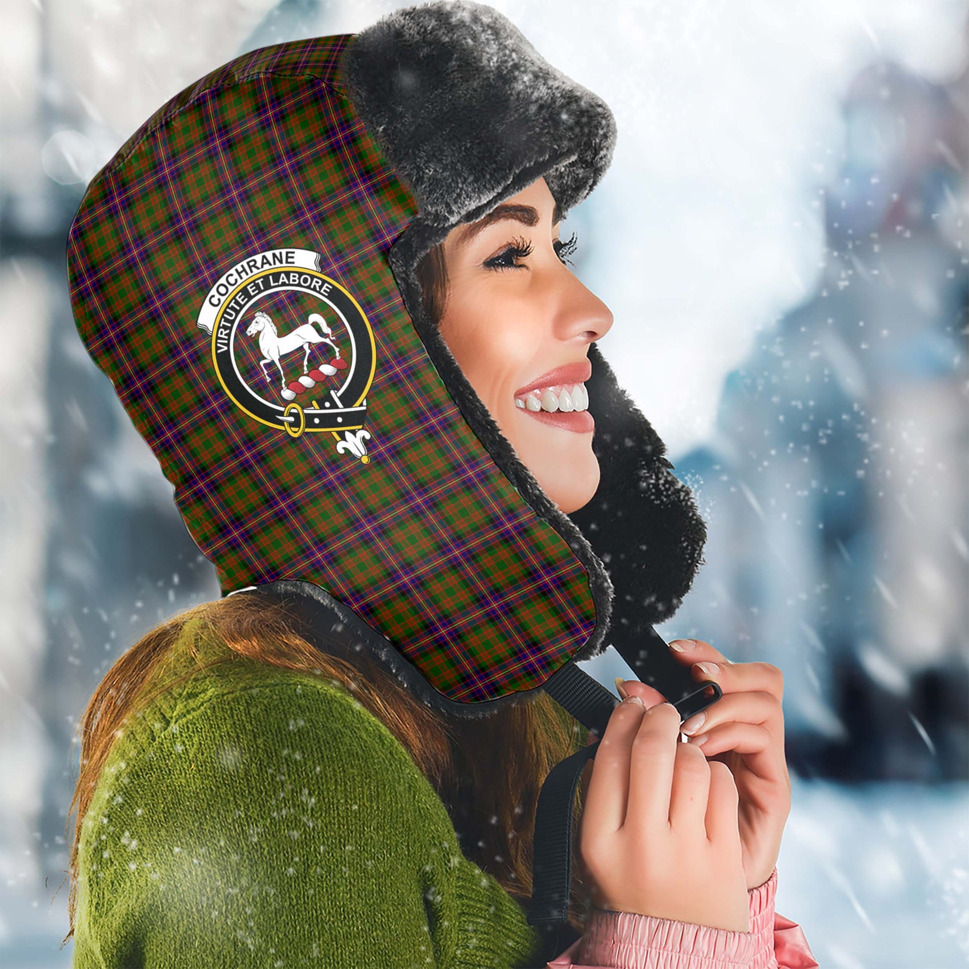 Cochrane Modern Tartan Winter Trapper Hat with Family Crest Winter Trapper Hat Universal Fit Circumference 22.8in (58cm) - Tartanvibesclothing